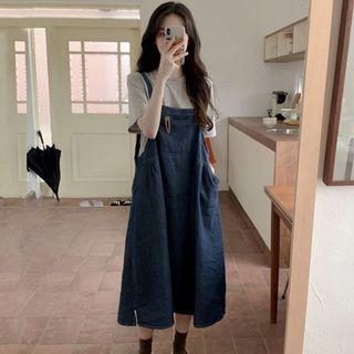 Set: Short Sleeve Plain T-shirt + Denim Midi Overall Dress