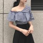 Check Off-shoulder Ruffle Blouse