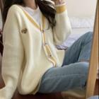 Contrast Trim V-neck Cardigan Off-white & Yellow - One Size