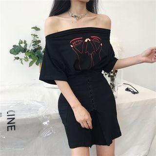 Short-sleeve Off Shoulder Printed Mini Dress