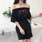 Short-sleeve Off Shoulder Printed Mini Dress
