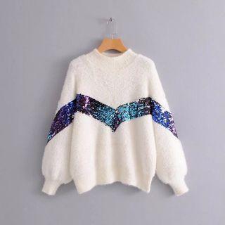 Mock-neck Sequin Furry Sweater