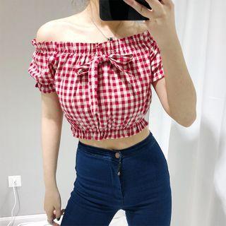 Short-sleeve Off-shoulder Gingham Top