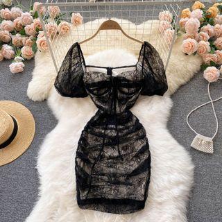 Ruched Lace Short-sleeve Dress