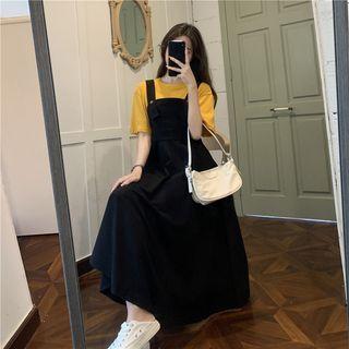 Short-sleeve Plain T-shirt / Midi Overall Dress / Set