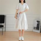 Puff-sleeve Plain Midi A-line Dress