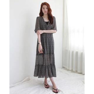 Wrap-front Elbow-sleeve Long Chiffon Dress