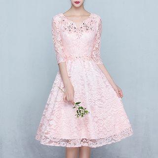 Rhinestone Elbow Sleeve Lace Cocktail Dress