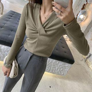 V-neck Twisted Ribbed Long-sleeve Top