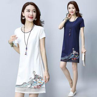 Short-sleeve Mesh Inset Embroidery Dress