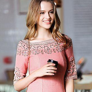 Elbow-sleeve Rhinestone Accent Mini Dress