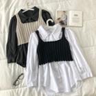 Set:long-sleeve Single-breasted Shirt + Sleeveless Knit Top