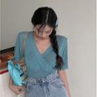 V-neck Short-sleeve Knit Top Aqua Blue - One Size