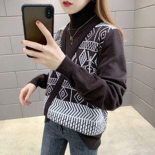 Mock Two-piece High-neck Printed Knit Sweater