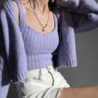Set:plain Long-sleeve V-neck Cardigan + Rib-knit Strap Top Purple - One Size