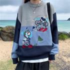 Cartoon Embroidered Color Block Sweater Gray - One Size