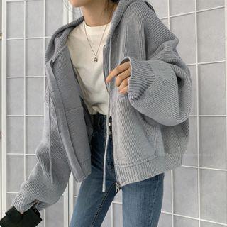 Plain Hooded Zip Knit Cropped Jacket
