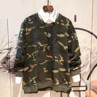 Letter Embroidered Camo Pullover