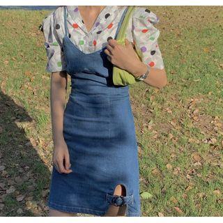 Short-sleeve Dotted Shirt / Denim Mini Sheath Pinafore Dress