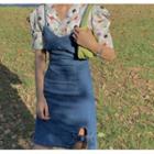 Short-sleeve Dotted Shirt / Denim Mini Sheath Pinafore Dress