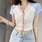 Short-sleeve Color Block Button-up Top