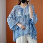 Printed V-neck Long-sleeve Blouse Blue - One Size