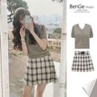 Short Sleeve V-neck Knit Top / Plaid Mini Pleated Skirt (various Designs)