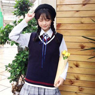 Tie-neck Pinstriped Shirt / Contrast-trim Knit Vest
