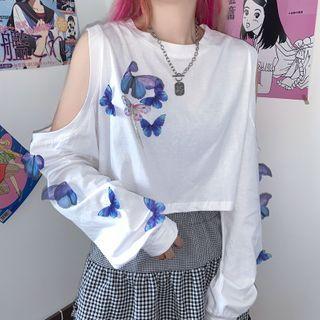 Cold-shoulder Butterfly Applique T-shirt