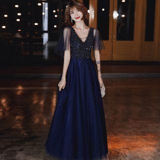 Mesh-sleeve Glitter A-line Evening Gown