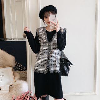 Set: Long-sleeve A-line Knit Dress + Tweed Vest