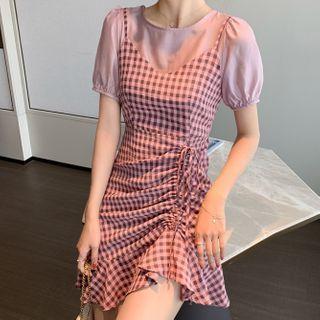 Mock Two-piece Short-sleeve Plaid Drawstring Dress