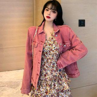 Long-sleeve Floral Print Mini Dress / Denim Jacket