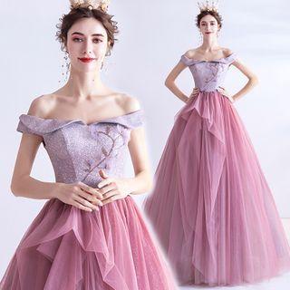 Off Shoulder Embroidered Mesh A-line Gown