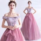Off Shoulder Embroidered Mesh A-line Gown