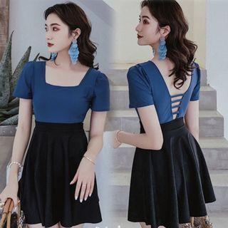 Set: Short-sleeve Color Block Swimsuit + Swim Skirt