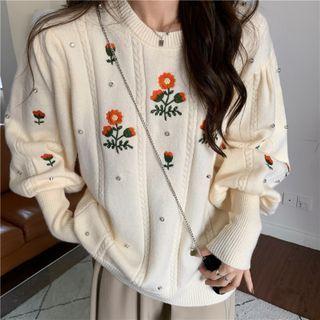 Flower Embroidered Sweater / Midi A-line Skirt