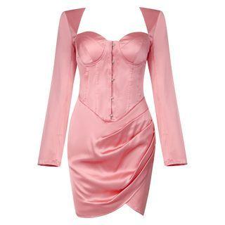Long-sleeve Asymmetrical Satin Mini Sheath Dress
