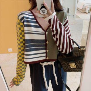 Color-block V-neck Cardigan / Loose-fit Pants