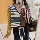 Color-block V-neck Cardigan / Loose-fit Pants