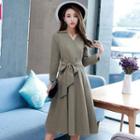 Long-sleeve Tie Waist Midi A-line Dress