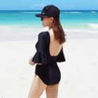 Ruffle Elbow-sleeve Cutout Swimsuit