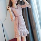Elbow-sleeve Contrast-trim A-line Lace Dress