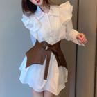 Long-sleeve Ruffle Trim Mini Shirtdress / Peplum Belt