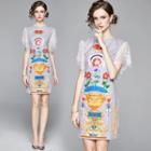 Short-sleeve Lace-panel Print Dress