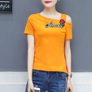 Short-sleeve Cold Shoulder Lettering Embroidered T-shirt