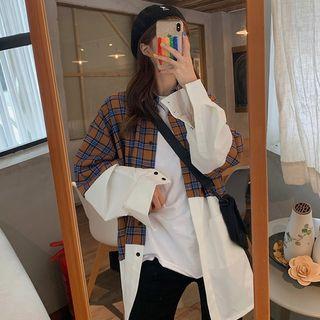 Long-sleeved Inset Plaid Shirt As Shown In Figure - One Size