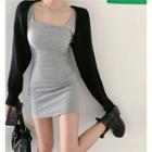 Plain Slim-fit Sleeveless Dress / Cropped Cardigan