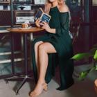 Balloon-sleeve Cold-shoulder Maxi A-line Dress
