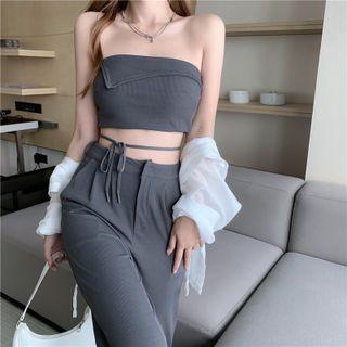 Set: Strapless Crop Top + High-waist Straight-cut Pants / Drawstring Hem Blouse